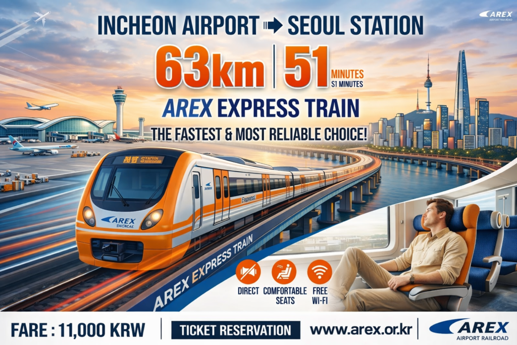 Promotional poster-style image of the AREX Express Train route from Incheon Airport to Seoul Station showing 63 km, 51 minutes, fare information, and a passenger seated inside the train.