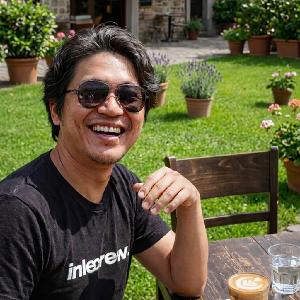 Aidan Lee, founder of Korea Ready Guide, smiling at an outdoor café table with a latte in a sunny garden setting.