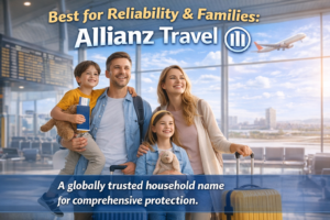 Allianz Travel insurance banner featuring a family at the airport, promoting reliable comprehensive protection and positioning Allianz as a globally trusted choice for family travel.