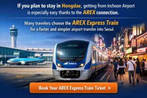 Promotional banner for the AREX Express Train showing transfer from Incheon Airport to Hongdae in Seoul with train, airport terminal, and Hongdae nightlife scene