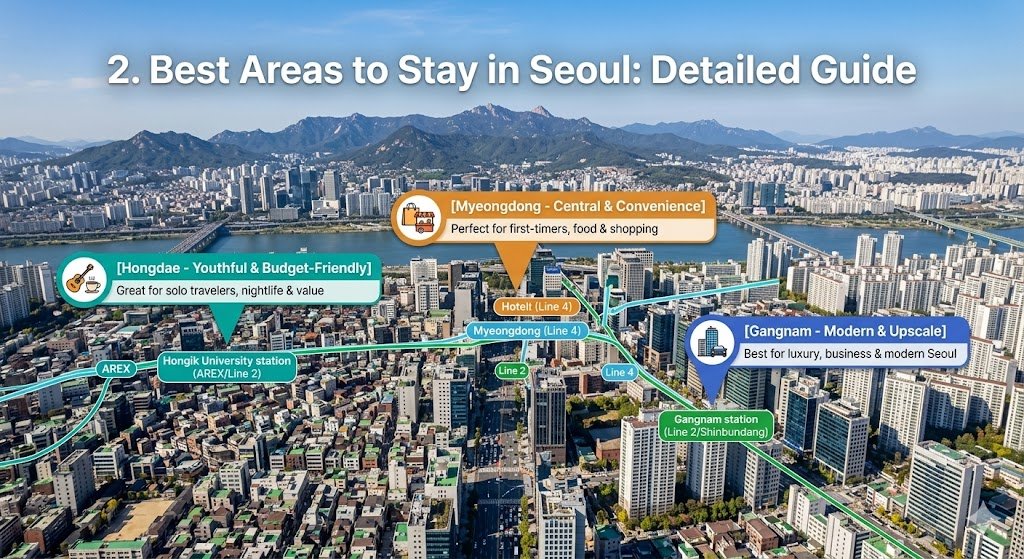 An intuitive aerial map-style illustration highlighting the best areas for tourists to stay in Seoul, designed for the "2. Best Areas to Stay in Seoul: Detailed Guide" article section. The high-resolution map focuses on three core districts: Myeongdong (central, shopping, food), Hongdae (youthful, nightlife, guesthouses), and Gangnam (modern, upscale, luxury hotels). Each district has a labeled pointer, iconic symbols (like shopping bags, guitars, and high-rises), and a concise summary of its best feature. Subway lines and stations (Myeongdong Stn, Hongik Univ Stn, Gangnam Stn) are clearly visible, showcasing the city's connectivity and making it a perfect visual guide for choosing accommodation.
