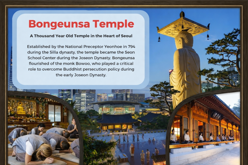 A curated multi-image composite in a dark wood frame, illustrating the Bongeunsa Temple Stay experience in Seoul, South Korea. 
The wide central view shows the massive stone Maitreya Buddha statue at twilight overlooking the temple grounds and the modern Seoul skyline. In the upper-left, a legible light-blue text panel contains detailed historical information about the temple, verbatim from image_21.png. Surrounding this central view are detailed insets: on the left, international tourists in grey vests perform a deep bow in a gold-Buddha-filled hall (image_22.png); on the right, people in light-beige robes sit in silent meditation under a traditional Hanok-style pavilion veranda (image_23.png). The overall image blends ancient traditions with modern surroundings, highlighting various activities of the temple stay program. 
The text and all details are sharp and clear.