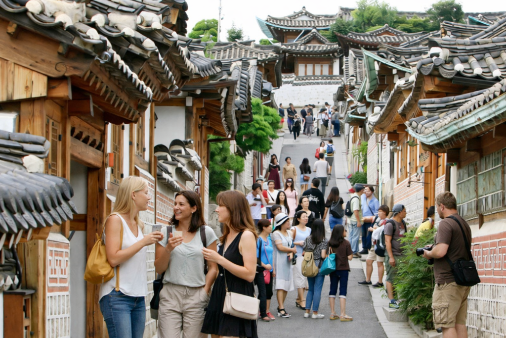 Foreign tourists walking and talking in Bukchon Hanok Village surrounded by traditional Korean hanok houses in Seoul