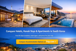 Banner promoting Trip.com accommodation comparison in South Korea featuring a hanok stay, modern hotel room, and coastal villa