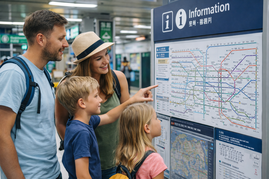 foreign family with two children smiling while checking a Seoul subway information map in South Korea