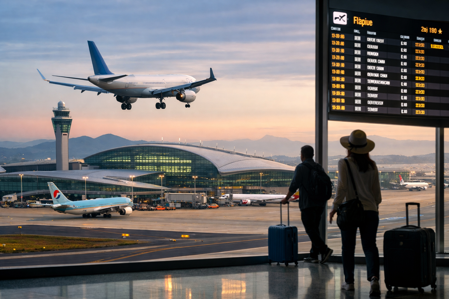 Airplane taking off for a flight to South Korea at an international airport