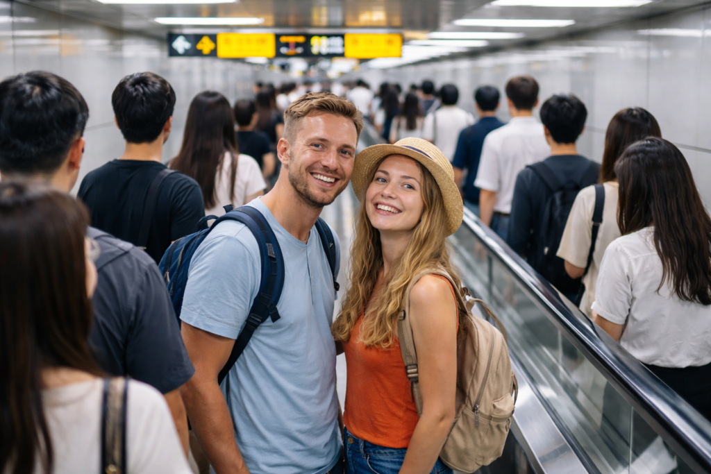 foreign tourists smiling among neatly lined commuters on a moving walkway inside a clean Seoul subway station