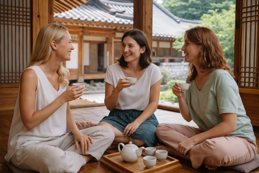 Three foreign women sitting on an open hanok wooden floor in Korea, drinking tea and chatting together in a traditional courtyard setting