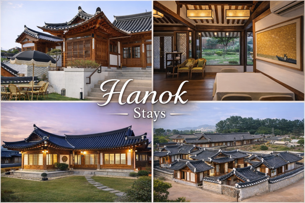 Collage of traditional Korean hanok stay images in Seoul with exterior, interior, evening view, and hanok village scene, titled Hanok Stays