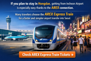 Promotional banner for AREX Express Train tickets showing travel from Incheon Airport to Hongdae with airport terminal, AREX train, and Hongdae street scene