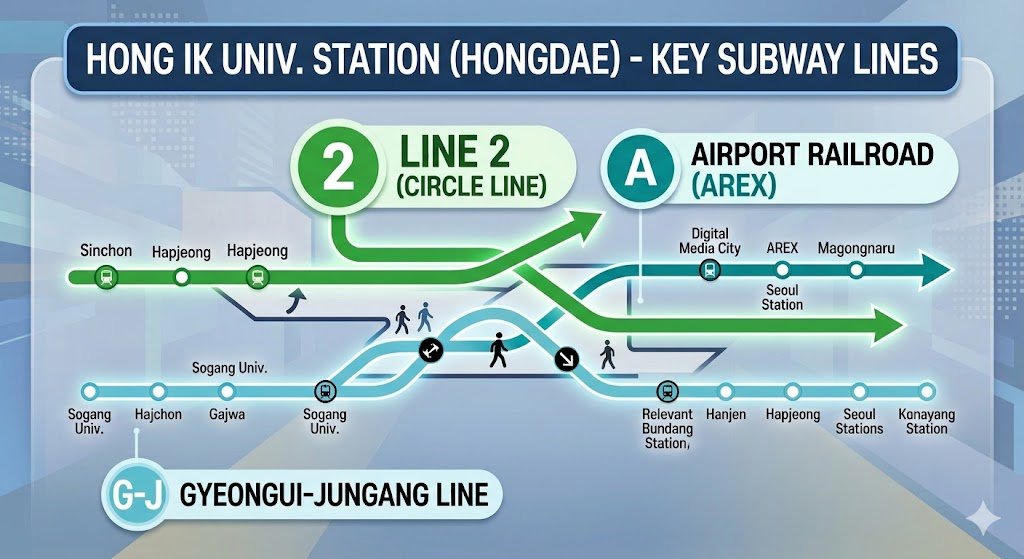 Infographic showing the subway lines connected to Hongik University Station in Seoul, including Line 2, AREX, and the Gyeongui-Jungang Line.