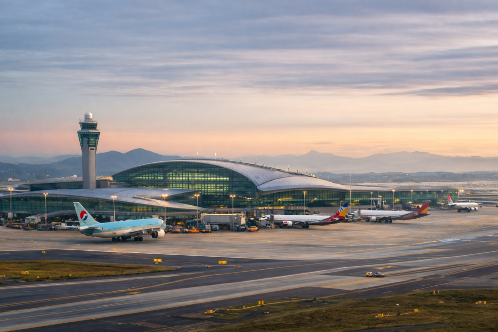 Travelers arriving at Incheon International Airport Seoul Korea