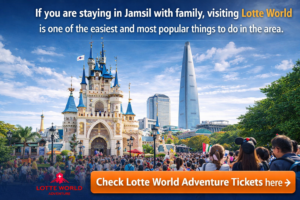 Promotional banner for Lotte World Adventure tickets in Jamsil showing the theme park castle, Lotte World Tower, and family visitors in Seoul