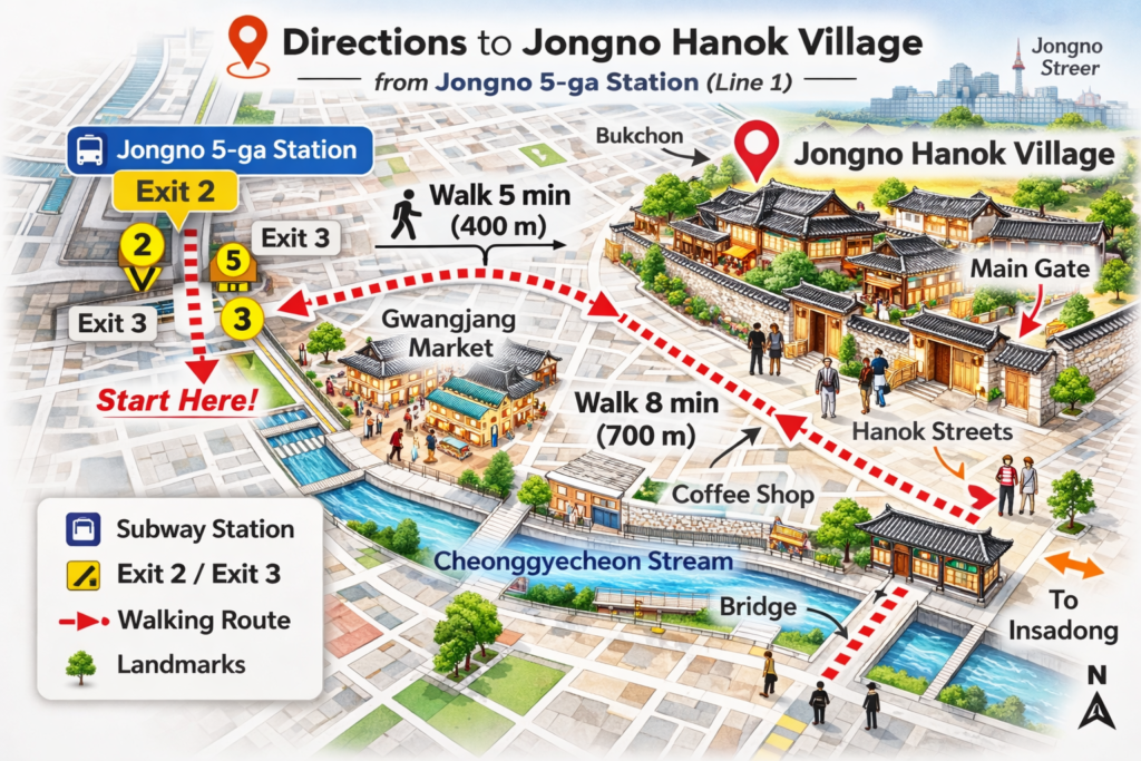 Illustrated directions map from Jongno 5-ga Station Exit 2 to Jongno Hanok Village showing the walking route and nearby landmarks