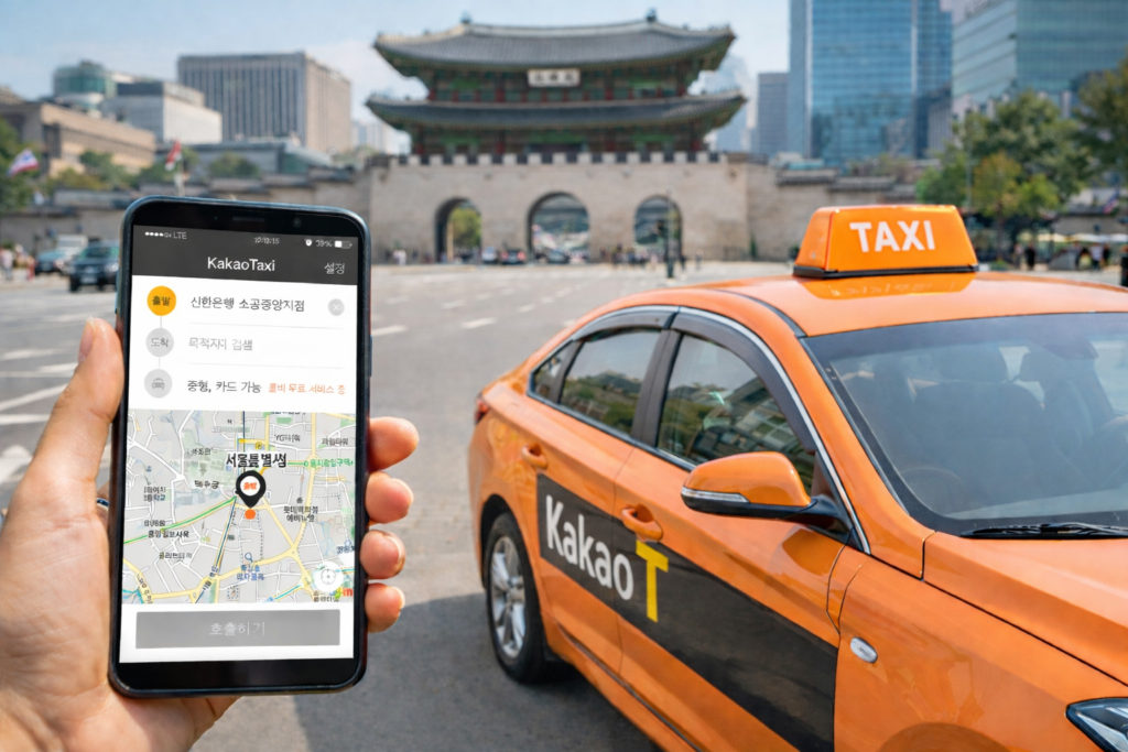 smartphone showing the Kakao T taxi app with an orange Kakao T taxi near Gwanghwamun in Seoul South Korea