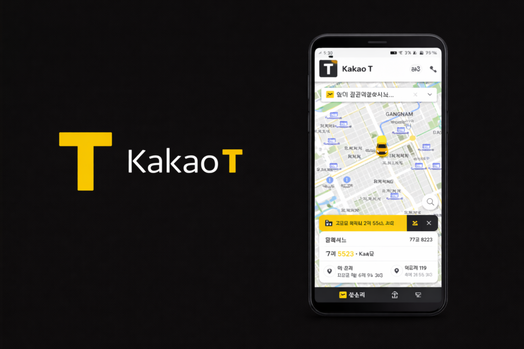 Kakao T taxi app showing ride hailing map interface on smartphone with Kakao T brand logo in Korea