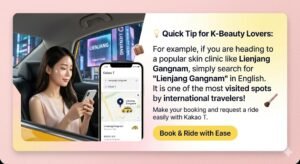 A tourist using Kakao T app inside a taxi to visit Lienjang Gangnam skin clinic in Seoul, South Korea.