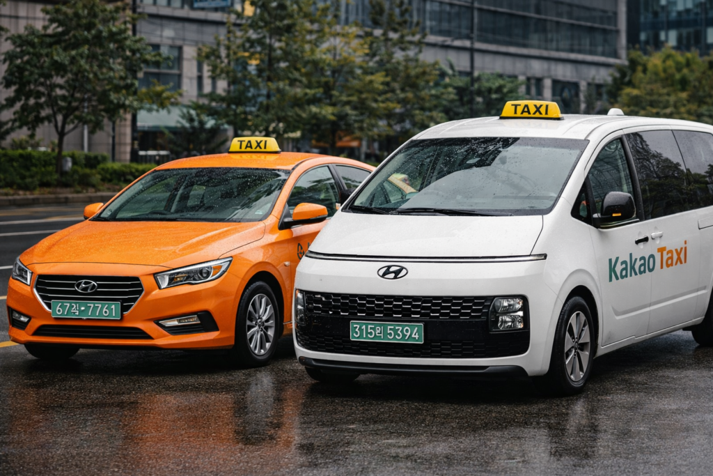 Orange standard Kakao taxi and white Kakao Taxi van parked side by side on a wet city street in South Korea.