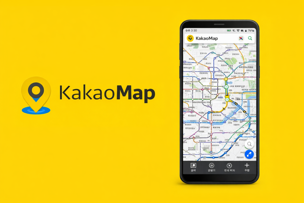 KakaoMap navigation app showing Seoul map and subway routes on smartphone with KakaoMap logo