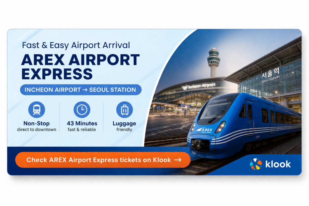 Klook AREX Airport Express banner showing a fast airport train from Incheon Airport to Seoul Station with a booking call to action