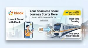 A professional Klook promotional banner for AREX Airport Express Train tickets in Seoul, featuring a modern express train, a traveler using a smartphone, and a 'Pre-book AREX Tickets' call to action with a background of N Seoul Tower and a traditional Hanok.