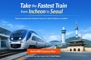 Klook AREX Express Train banner for direct travel from Incheon Airport to Seoul Station