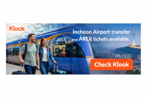 Klook banner showing travelers with luggage near an AREX train for Incheon Airport transfer in Seoul