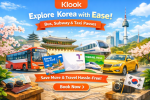 Klook banner featuring Korea travel passes with a bus, train, taxi, and transport cards in a Seoul city backdrop