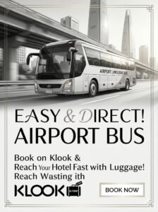 A professional travel banner promoting Incheon Airport Limousine Bus booking on Klook. Features a sleek, modern bus and text overlay: "EASY & DIRECT! AIRPORT BUS" and "Book on Klook & Reach Your Hotel Fast with Luggage!" with a 'BOOK NOW' button.