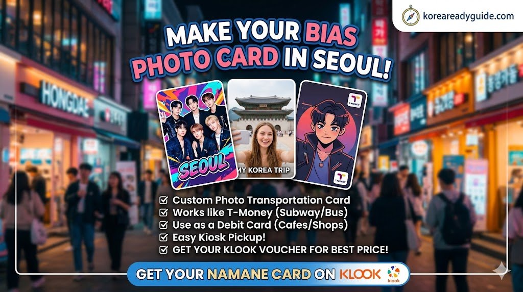 A vibrant professional vertical banner for 'koreareadyguide.com' blog, targeting young travelers and K-pop fans. Features three customized NAMANE cards with photos of a K-pop idol group, a travel selfie, and a T-Money graphic. Bold typography at the top reads 'MAKE YOUR BIAS PHOTO CARD IN SEOUL!'. Lists benefits: '✔️ Custom Photo Transportation Card', '✔️ Works like T-Money (Subway/Bus)', '✔️ Use as a Debit Card (Cafes/Shops)', '✔️ Get Your Klook Voucher for Best Price!'. Below, a prominent blue button says 'GET YOUR NAMANE CARD ON KLOOK' with Klook logo. Background shows modern Seoul. Minimalist design, vibrant colors. No watermarks like 'WINDOWS' are present.