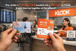 Realistic Klook banner showing a T-money card and SIM card bundle for airport pickup, featuring hands holding both cards in front of a Klook counter and promoting faster pickup after arrival in Korea.