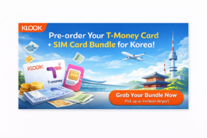 Klook T-Money card and SIM card bundle banner for Korea airport pickup with Incheon Airport and Seoul landmarks