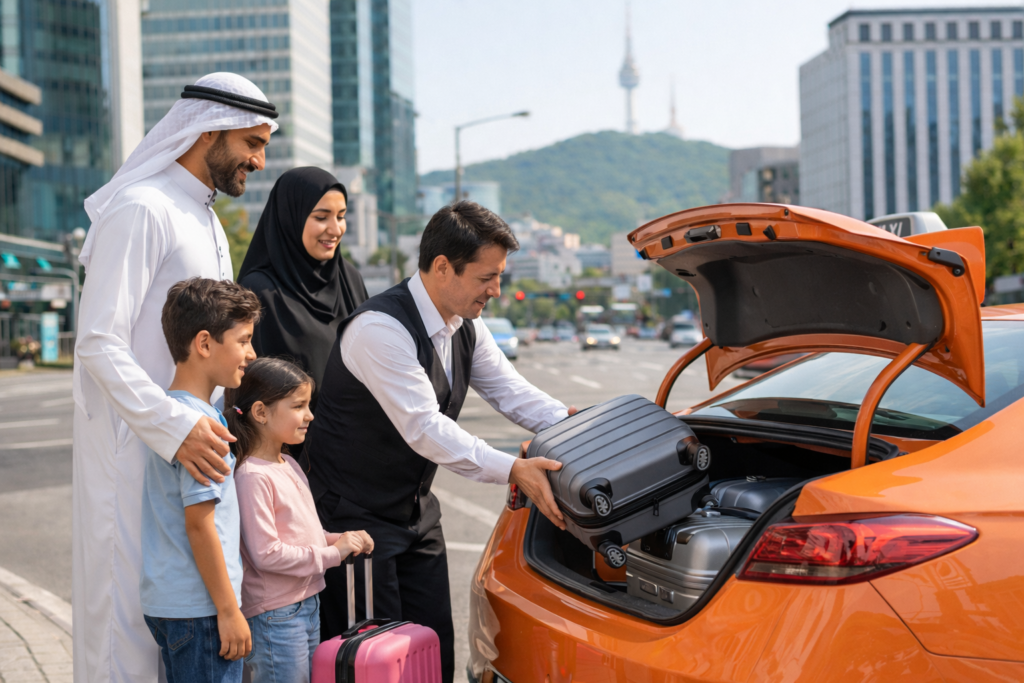 Middle Eastern family of four loading luggage into a Seoul taxi while the driver helps with the trunk in South Korea