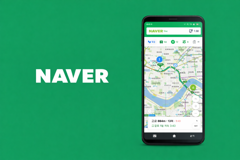 Naver Map navigation app showing Seoul public transportation routes on smartphone with Naver brand logo