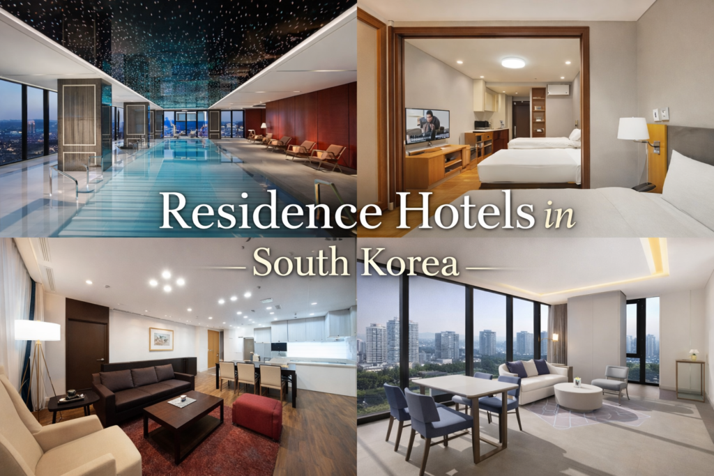 Collage of residence hotels in South Korea featuring an indoor pool, family room, apartment-style suite, and city-view living area with text overlay