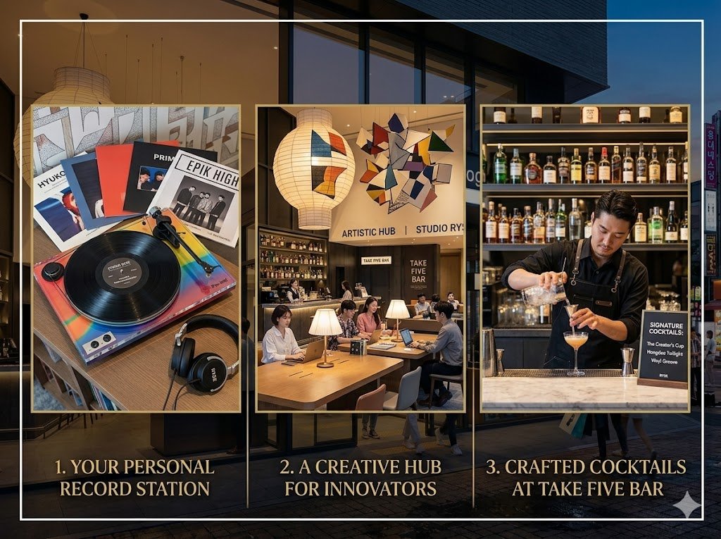 A curated multi-panel collage in a stylized diptych format within a thin gold divider, illustrating three unique features of the RYSE, Autograph Collection hotel in Hongdae, Seoul, specifically for a travel blog post. The twilight street entrance of image_30.png, with its illuminated "RYSE, Autograph Collection" and "#HONGIKUNIV" signs, serves as a soft background panorama. The collage is split into three distinct sections. The left panel, titled "1. YOUR PERSONAL RECORD STATION", shows a close-up of a Pro-Ject turntable with vinyl records from curated K-Indie artists (like 'STUDIO RYSE | curated by Seoul Local Artists') and headphones with the 'RYSE' logo, representing a personalized audio experience. The center panel, titled "2. A CREATIVE HUB FOR INNOVATORS", shows a detailed interior of the lobby lounge from image_30.png, focusing on the vibrant custom art installations (the large paper lantern and geometric wall art) and a diverse young creative crowd interacting in flexible co-working pods, which include clean wooden tables, unique lamps, and a small library. The right panel, titled "3. CRAFTED COCKTAILS AT TAKE FIVE BAR", captures a master bartender artfully mixing a cocktail inside the Take Five Bar, with a sign listing signature drinks like 'The Creator's Cup' and 'Vinyl Groove'. All text is sharp, clear, and legible. The entire composite is a curated, high-resolution editorial spread that tells a comprehensive story of a unique artistic hotel. All faces are clear.