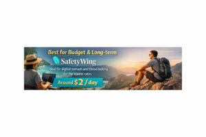 SafetyWing banner promoting budget-friendly long-term travel insurance, featuring digital nomad and backpacker imagery with text highlighting low daily rates for extended trips.
