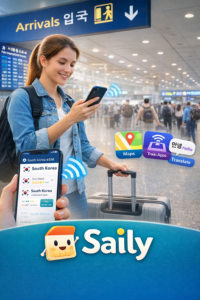 Traveler using Saily eSIM immediately after arriving at Incheon Airport in South Korea