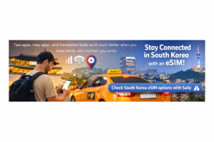 Saily banner showing a traveler using a taxi app near a Kakao T taxi in Seoul with South Korea eSIM messaging