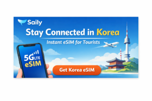 aily Korea 5G eSIM banner with smartphone, Seoul landmarks, and call-to-action button for tourists