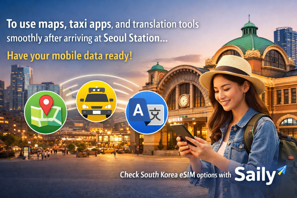 Traveler using Saily mobile data at Seoul Station for maps, taxi apps, and translation tools in South Korea