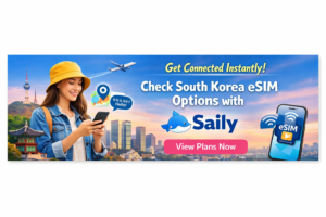 Saily banner promoting South Korea eSIM options with a traveler using a smartphone, Seoul skyline, and mobile data icons