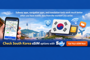 Saily banner promoting South Korea eSIM options with a smartphone showing subway navigation, Seoul skyline, and mobile data icons