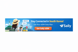 Saily South Korea eSIM banner showing a traveler using mobile data for taxi apps, navigation, and translation tools in Korea