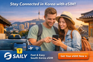 Saily South Korea eSIM banner featuring two tourists using a smartphone in Seoul with a taxi, hanok rooftops, and N Seoul Tower in the background