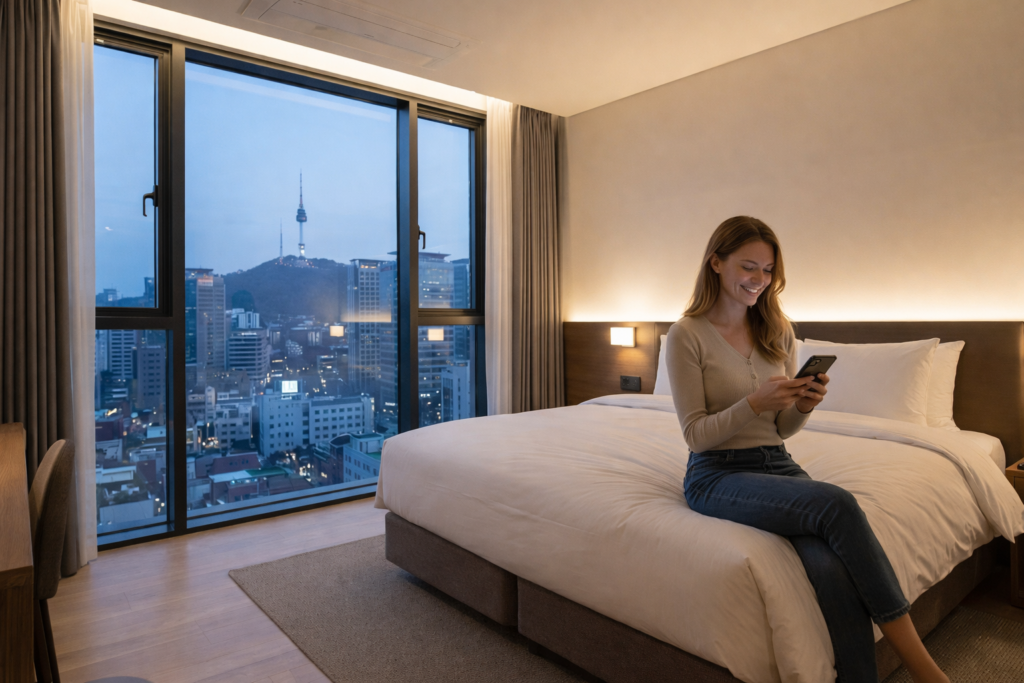 A wide-angle photograph of a modern boutique hotel room interior in Seoul at dusk, featuring a traveler relaxing on a plush bed 
and looking at a booking confirmation on her smartphone, with a stunning 
Gangnam skyline view outside the window.