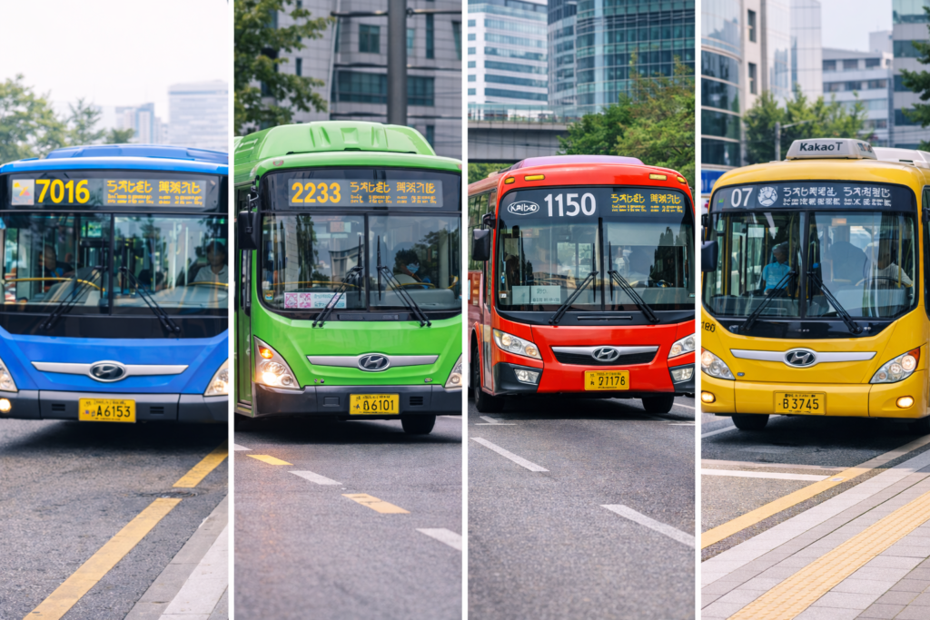 four Seoul city buses in blue green red and yellow shown together in one comparison image