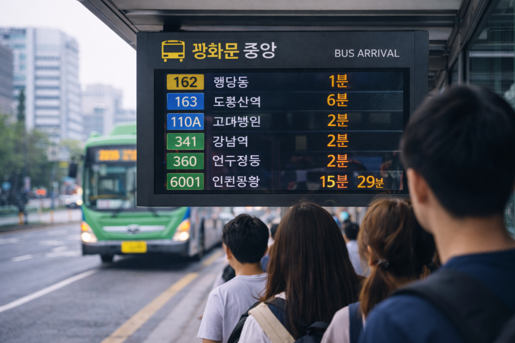 people waiting at a central Seoul bus stop with a digital bus route and arrival display board above the lane