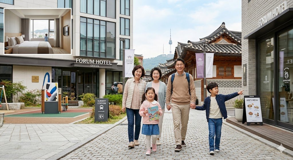 Family walking through a family-friendly hotel area in Seoul with modern accommodations, traditional hanok-style buildings, and N Seoul Tower in the background.