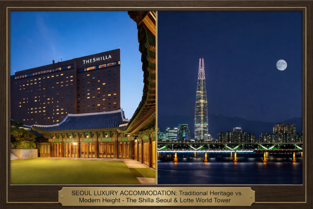 A side-by-side composite image comparing two distinct luxury accommodations in Seoul, South Korea, at night. 
The left side features a illuminated traditional Korean Hanok guest complex courtyard at The Shilla Seoul with a modern hotel tower in the background, titled 'Traditional Heritage'. The right side features a panoramic view of the Seoul skyline and Han River, with the modern, glowing Lotte World Tower, titled 'Modern Height'. Below the combined image, a plaque reads 'SEOUL LUXURY ACCOMMODATION: Traditional Heritage vs. Modern Height - The Shilla Seoul & Lotte World Tower'. The overall composition emphasizes a contrast between historical elegance and
 contemporary grandeur.